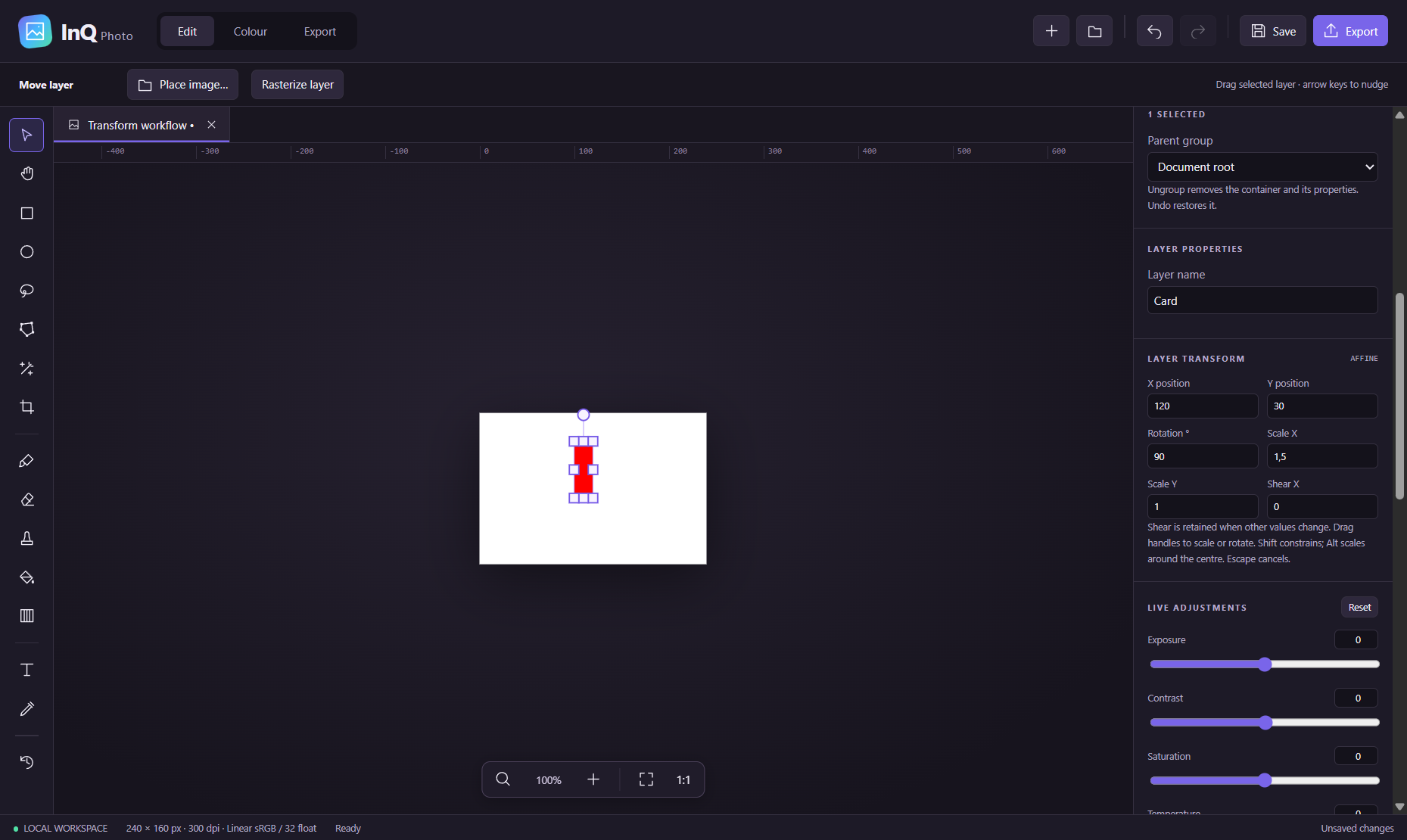 InQ Photo on Windows: canvas transform handles with numeric position, rotation, scale and shear controls — Windows development preview