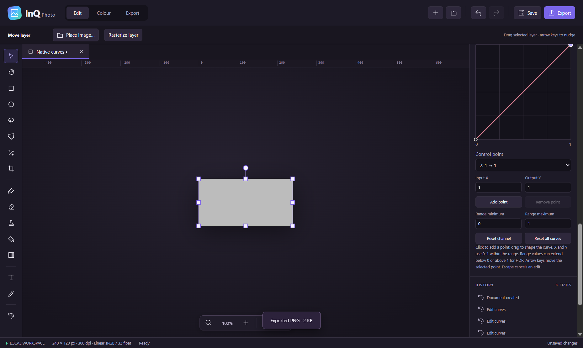 InQ Photo on Windows: editable curves with numeric control points and a synthetic image — Windows development preview
