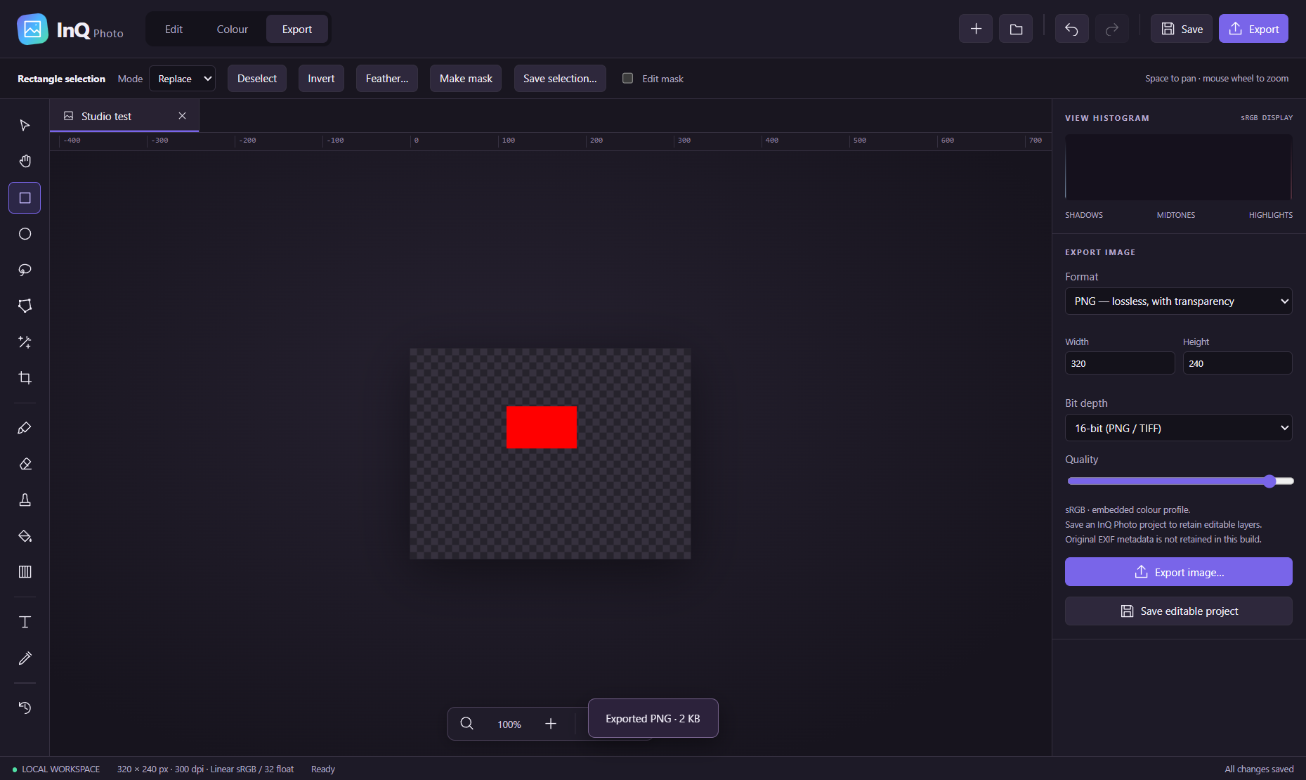 InQ Photo on Windows: PNG and TIFF export controls with 16-bit output and editable project saving — Windows development preview