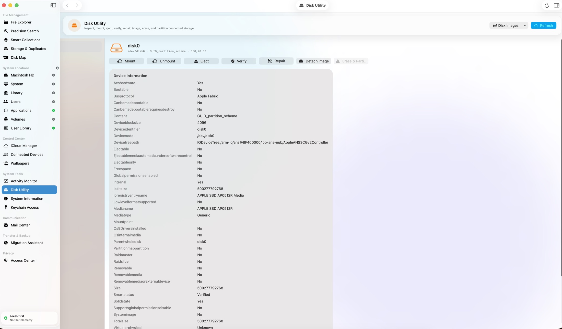 MacManager Disk Utility showing a real internal Apple SSD with partition scheme and verified SMART status. — Mac edition preview