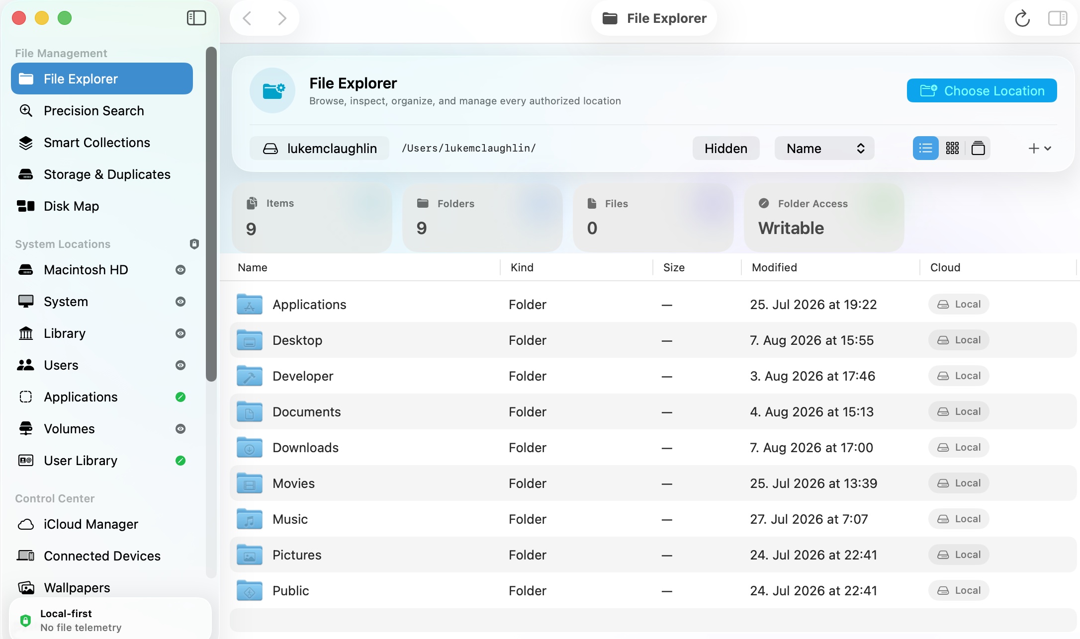 MacManager browsing a home folder in list view with item counts, folder access state, exact modified dates and per-item iCloud residency. — Mac edition preview