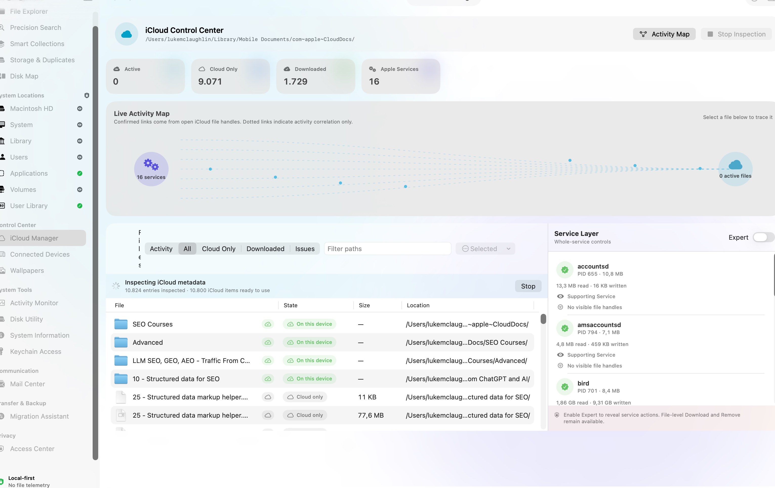 MacManager iCloud Control Center inspecting a real iCloud Drive: live activity map of 16 Apple services, per-file cloud state, and a running metadata inspection. — Mac edition preview