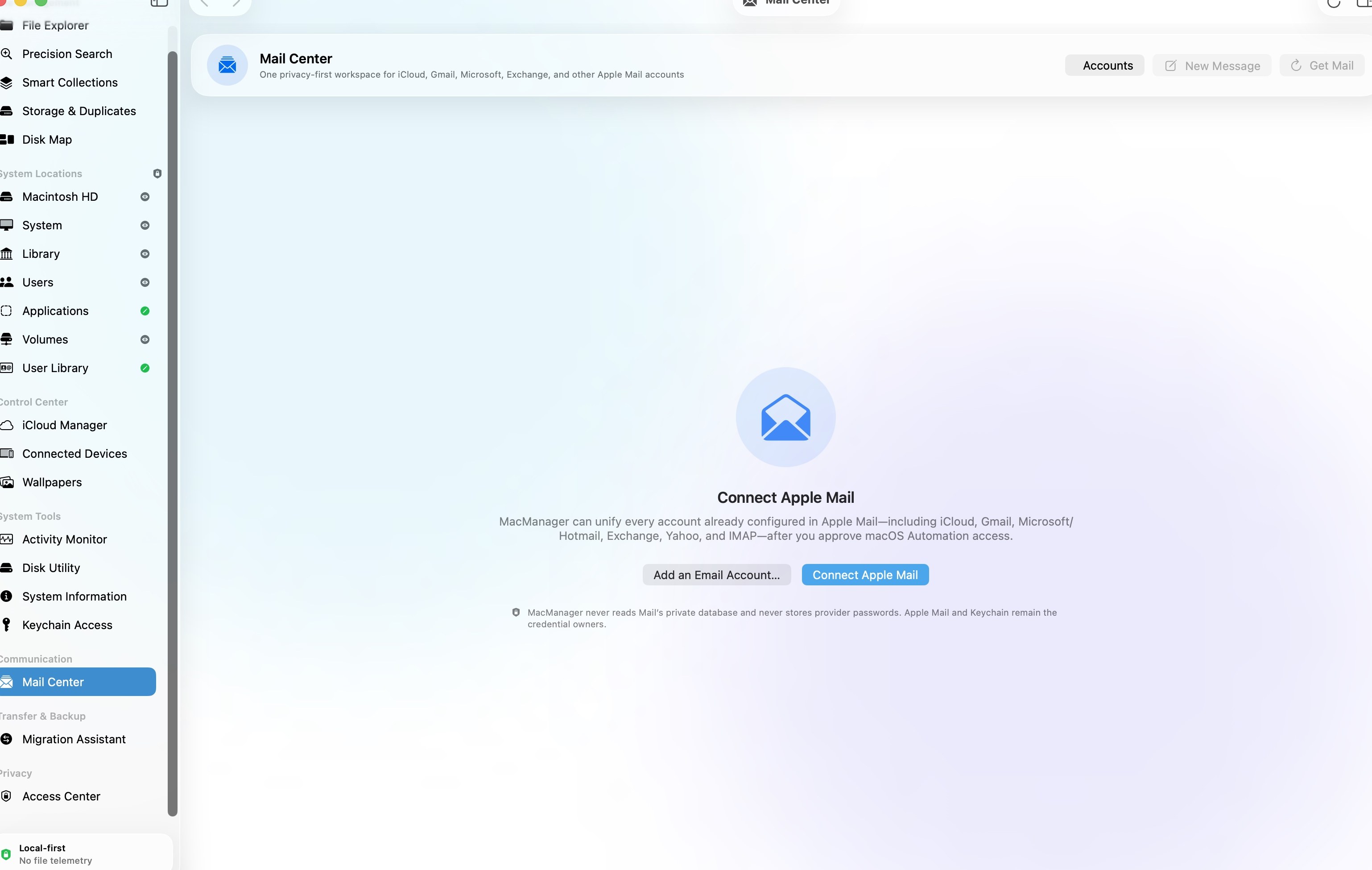 MacManager Mail Center: one privacy-first workspace for iCloud, Gmail, Microsoft, Exchange, and other Apple Mail accounts. — Mac edition preview