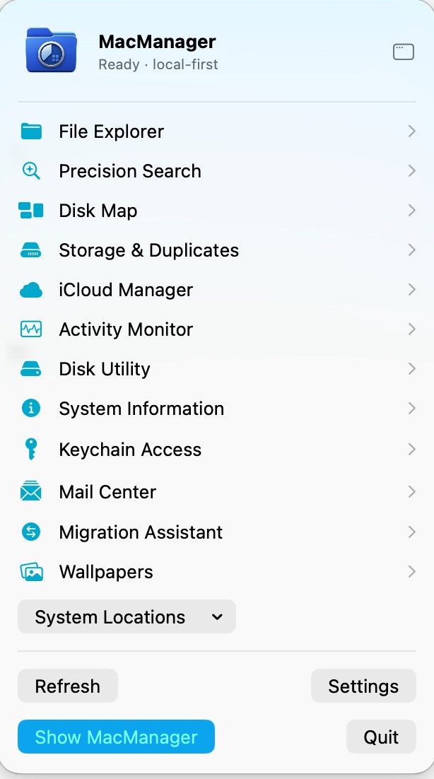 MacManager quick-access menu bar panel listing every workspace with one-click shortcuts and a local-first status. — Mac edition preview