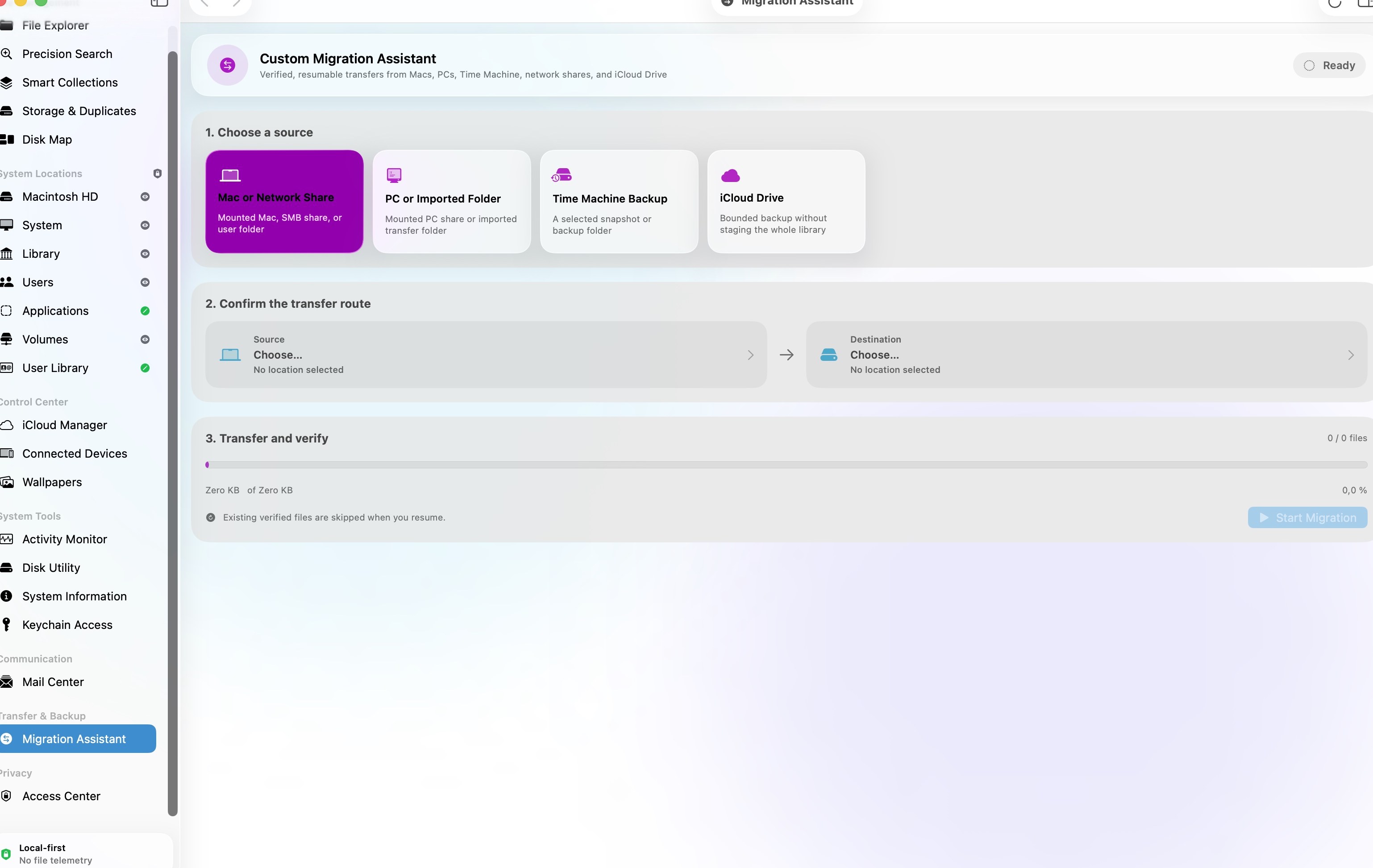 MacManager Custom Migration Assistant with sources for Mac, network share, PC folder, Time Machine, and iCloud Drive. — Mac edition preview
